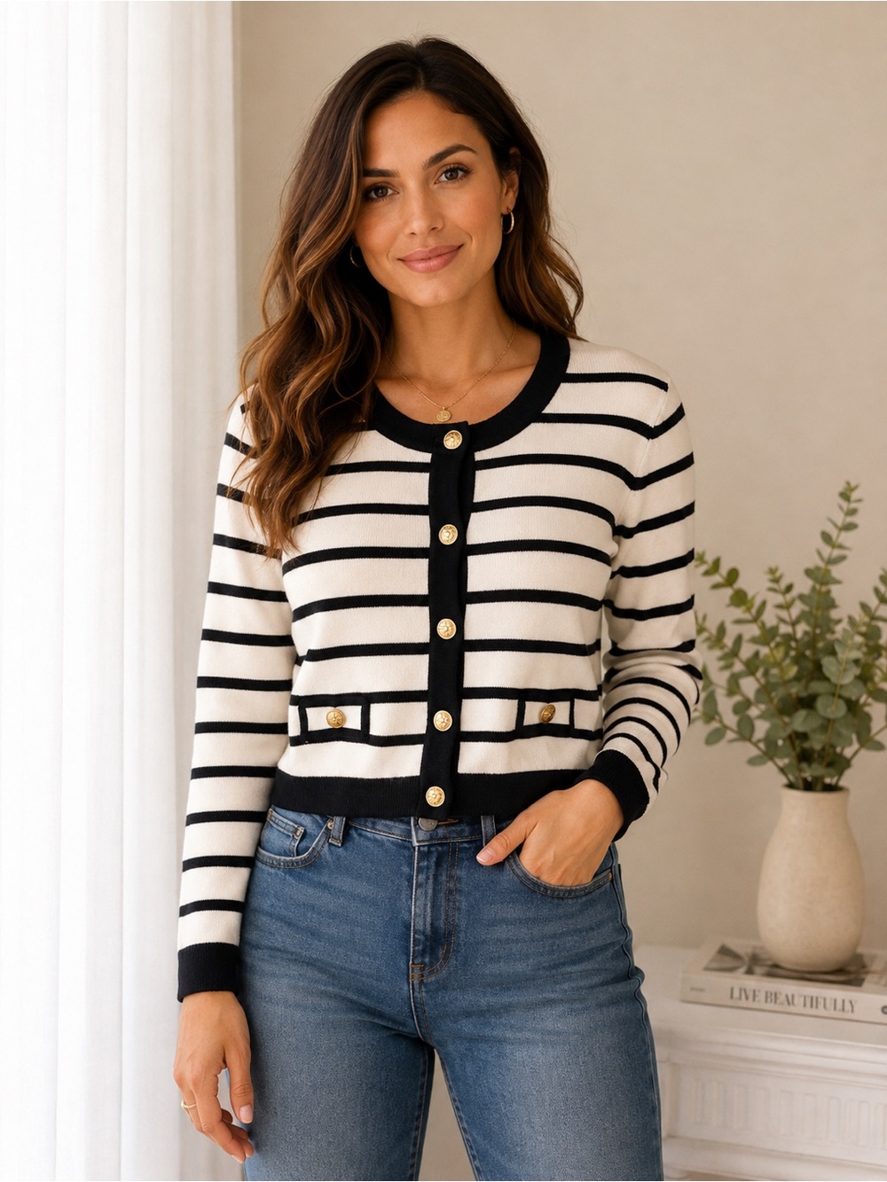 Marled Black and Cream Striped Button-Front Cardigan